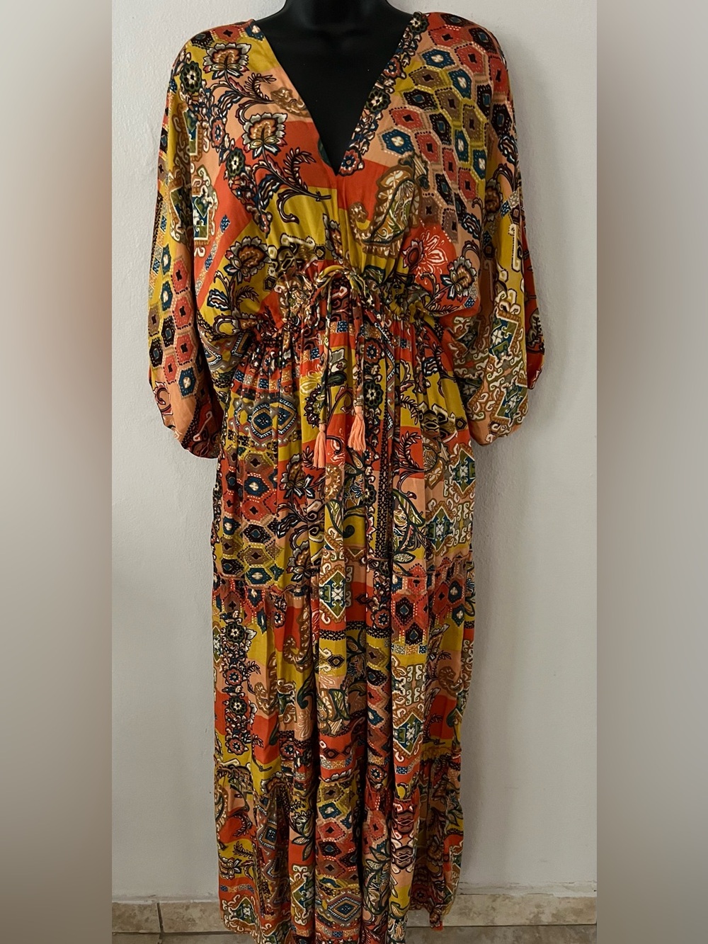 Boho Floral Patchwork Maxi Dress in Mustard & Rust